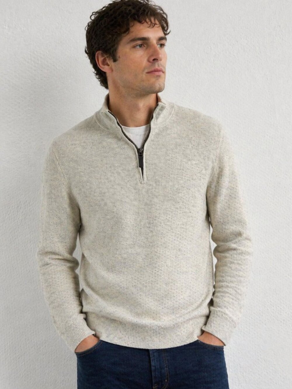 Untuckit Quarter Zip Sweater Cotton Cream Light Gray Preppy Medium